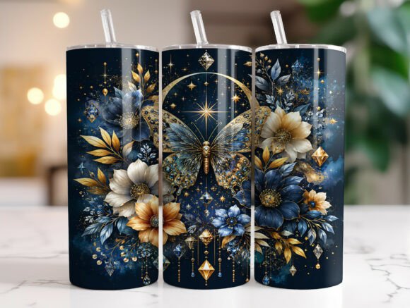 Blue Gold Butterfly Flower: Tumbler Wraps & Graphics