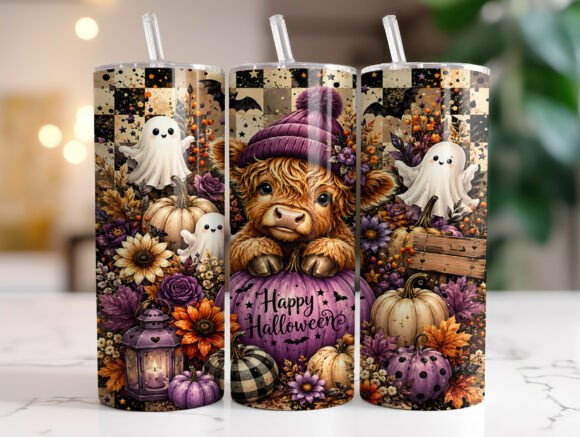 Happy Halloween Highland Cow Tumbler PNG: Graphics & Tumbler Wraps
