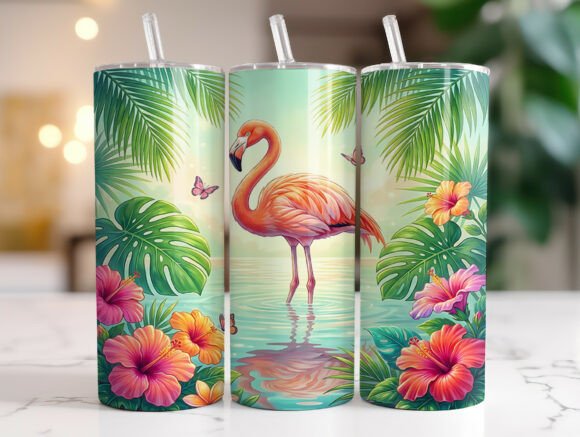 Pink Flamingo Tropical Leaves Tumbler Graphics for Tumbler Wraps